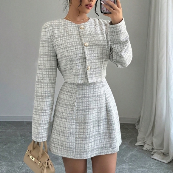 2pcs Women's Spring Autumn Elegant Plaid Short Jacket And Sleevele - Picture 2 of 5